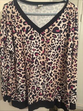 Sew In Love Beige Leopard Print Long Sleeve Top with Black Trim and Pink Accents